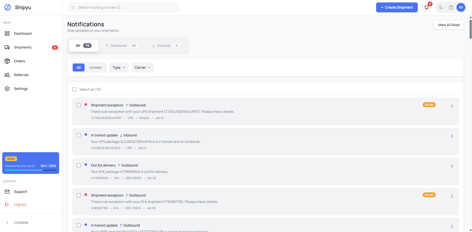 Shipyu Dashboard - Notifications
