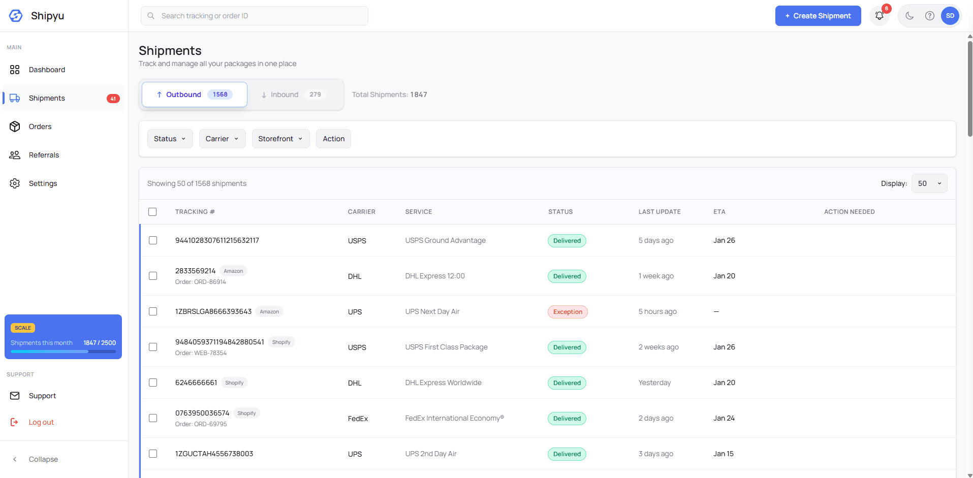 Shipyu Dashboard - Shipments